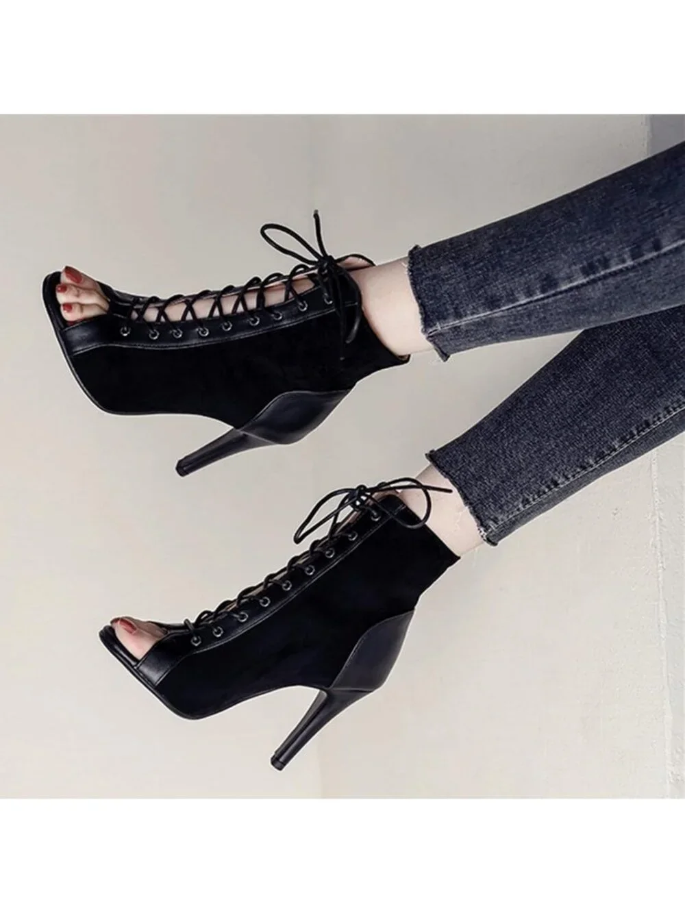 Women's Black Suede Buckle Lace Up Mesh Sandal Peep Toe High Heel Ankle Boots
